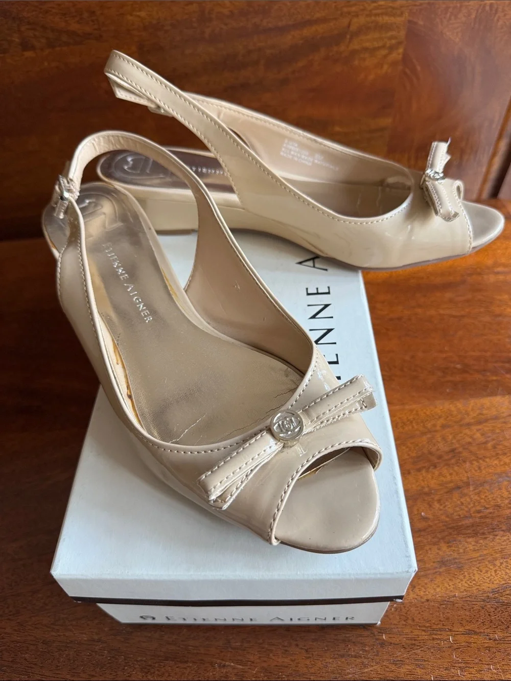 Etienne Aigner Women's Nude Beige Patent Slingback Peep-Toe Wedges